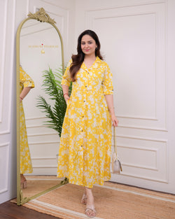 Yellow White Flower Cotton A Line Dress
