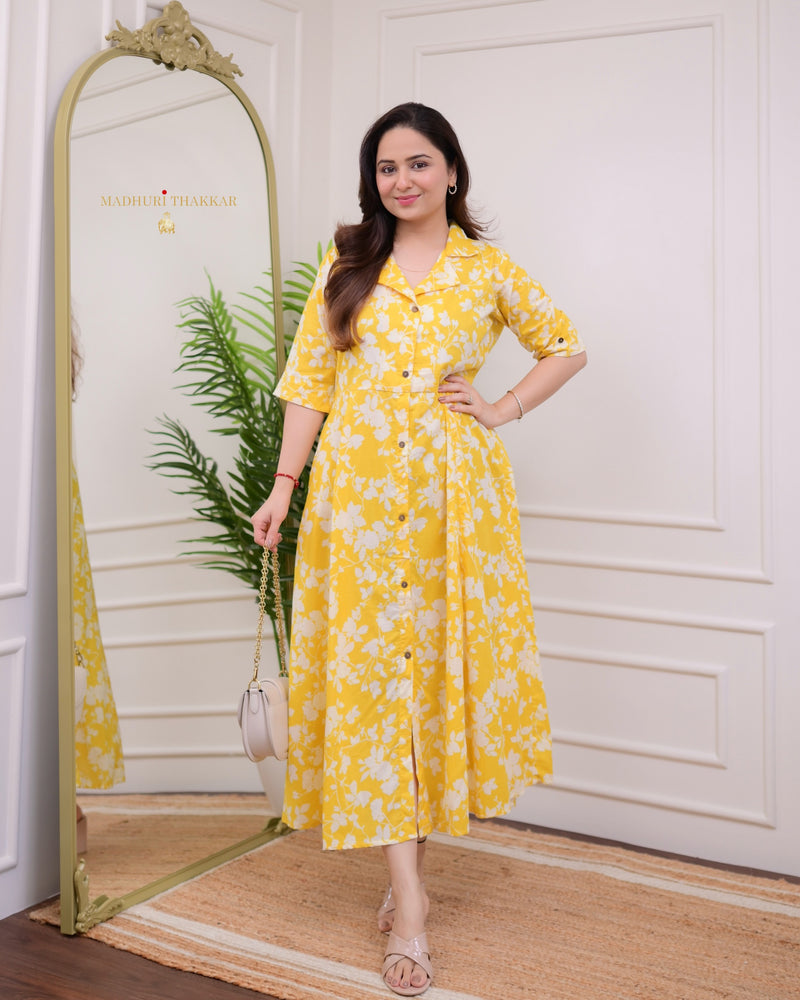 Yellow White Flower Cotton A Line Dress