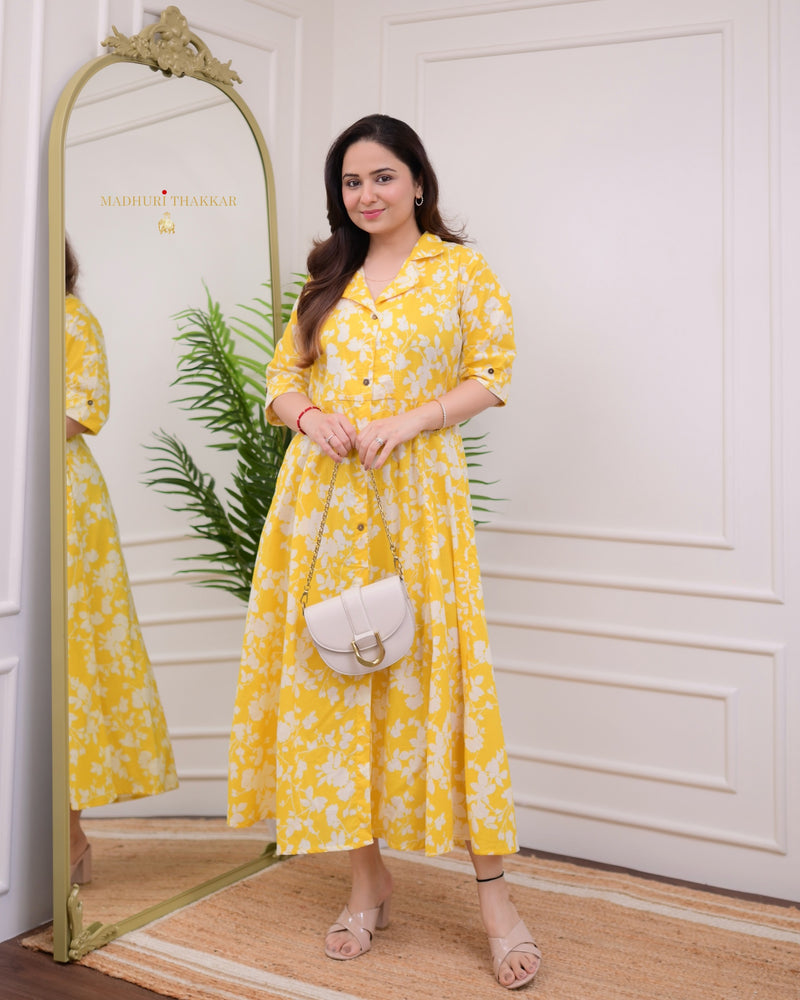 Yellow White Flower Cotton A Line Dress