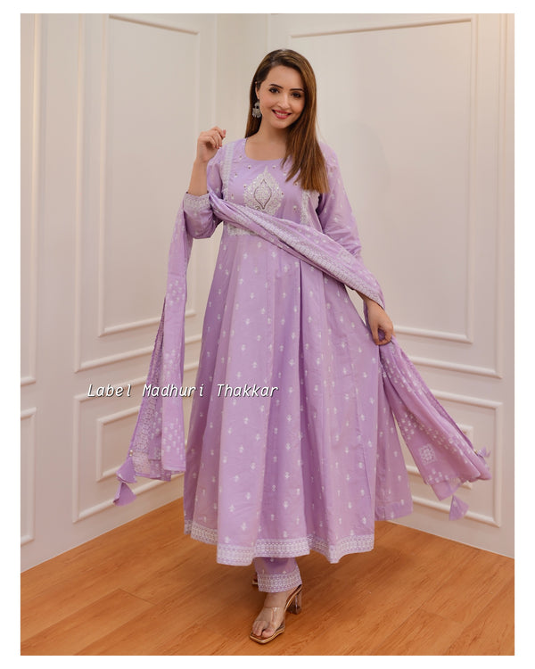 Lilac Embroidered A Line Cotton Suit