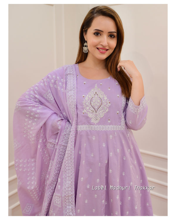 Lilac Embroidered A Line Cotton Suit