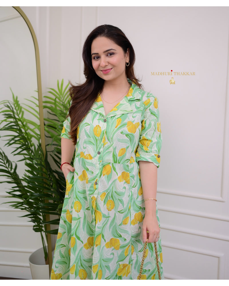 Green Yellow Tulip A Line Cotton Dress