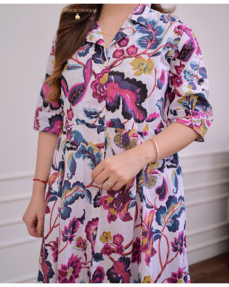 Ivory Multi Floral Cotton Aline Dress