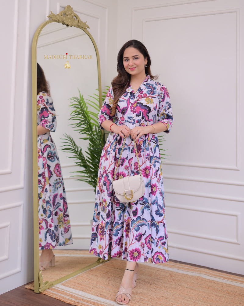 Ivory Multi Floral Cotton Aline Dress