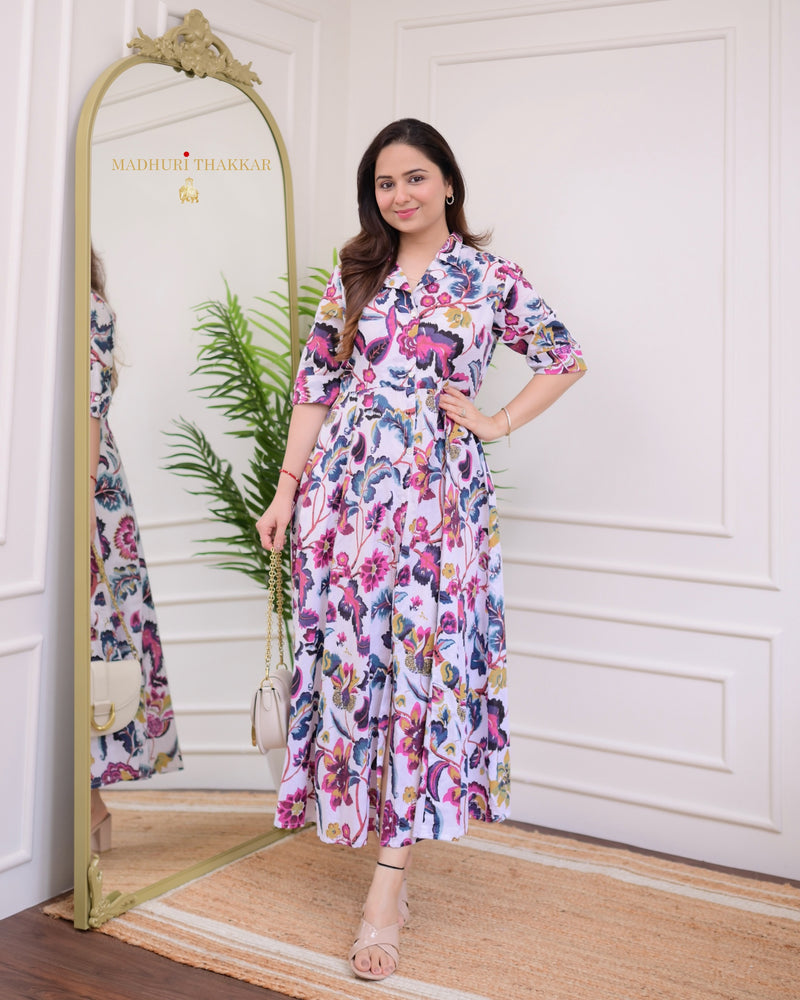 Ivory Multi Floral Cotton Aline Dress