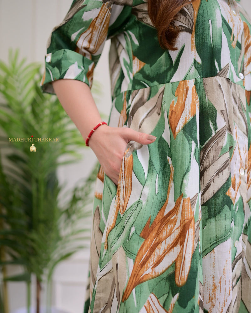 White Green Jungle Cotton A Line Dress