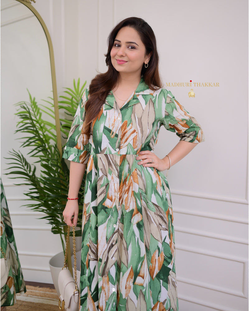 White Green Jungle Cotton A Line Dress