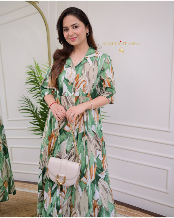 White Green Jungle Cotton A Line Dress