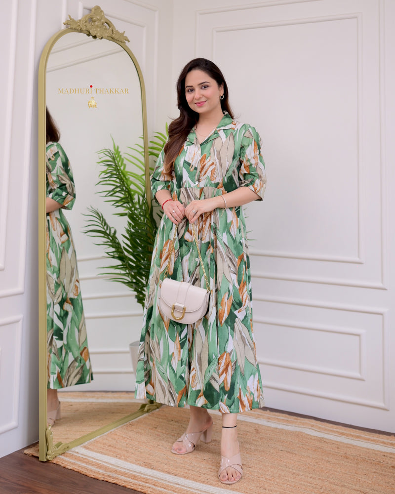 White Green Jungle Cotton A Line Dress