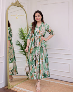 White Green Jungle Cotton A Line Dress