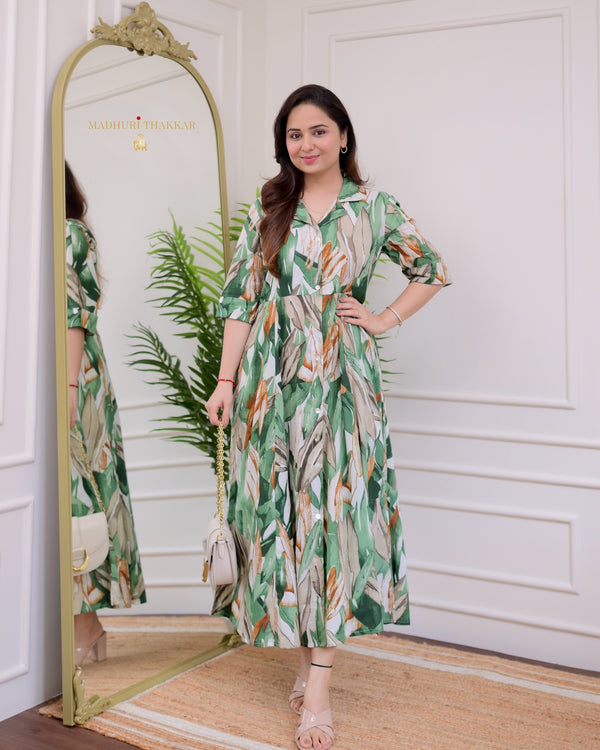 White Green Jungle Cotton A Line Dress