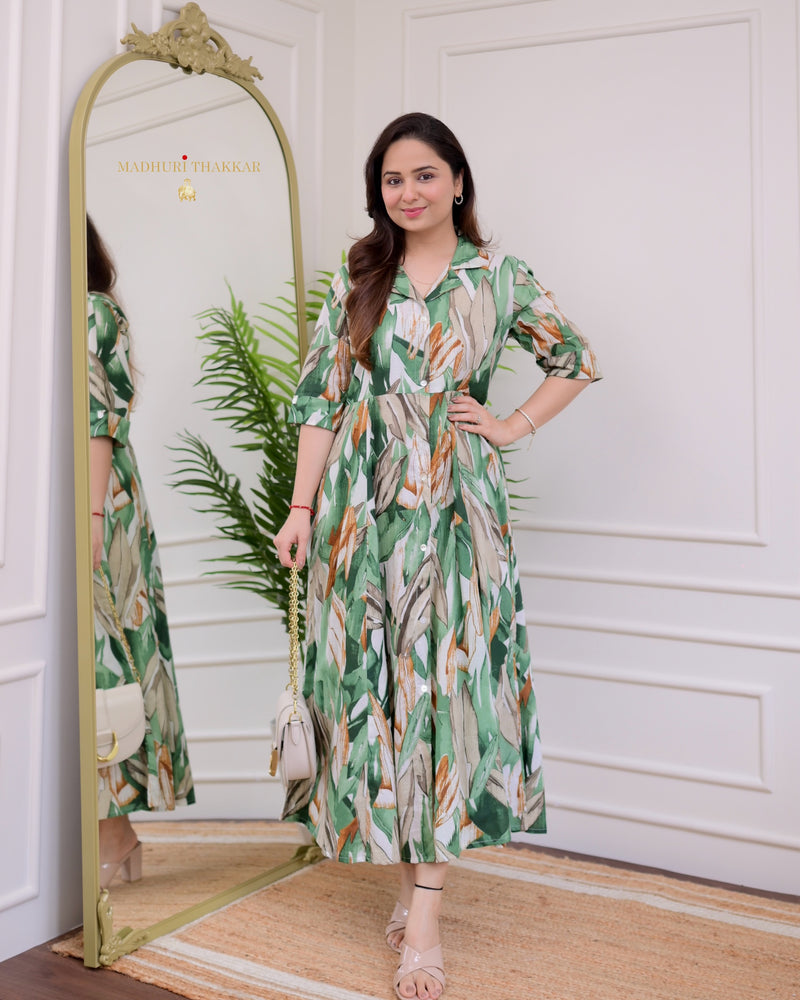 White Green Jungle Cotton A Line Dress
