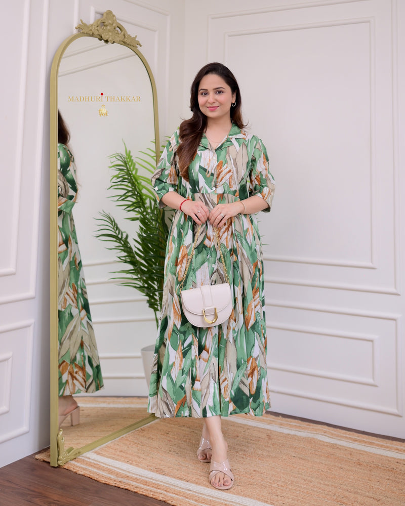 White Green Jungle Cotton A Line Dress