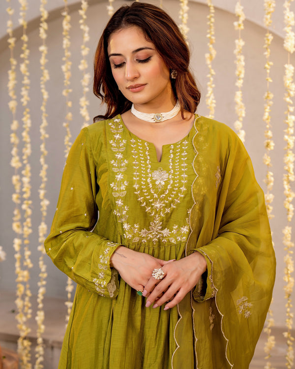 Olive Noor Mul Chanderi Pearled A Line Suit