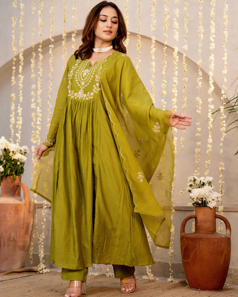 Olive Noor Mul Chanderi Pearled A Line Suit
