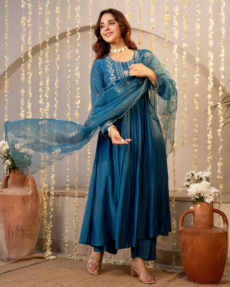 Teal Noor Mul Chanderi Pearled A Line Suit