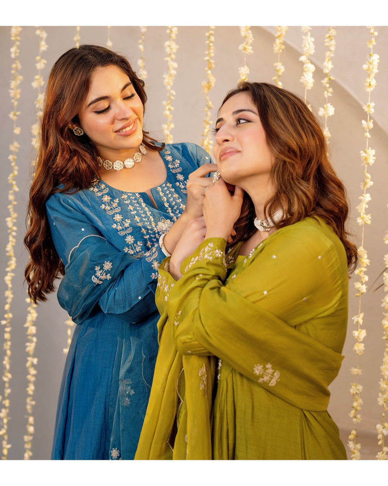 Teal Noor Mul Chanderi Pearled A Line Suit