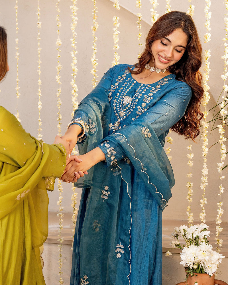 Teal Noor Mul Chanderi Pearled A Line Suit