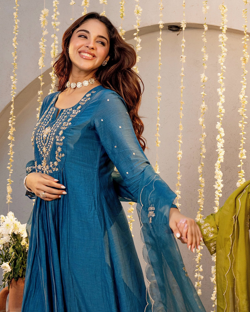 Teal Noor Mul Chanderi Pearled A Line Suit
