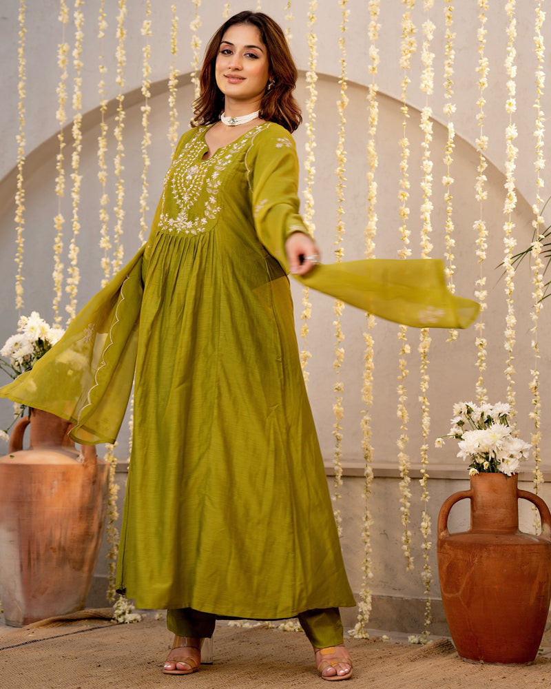 Olive Noor Mul Chanderi Pearled A Line Suit