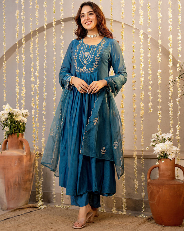 Teal Noor Mul Chanderi Pearled A Line Suit
