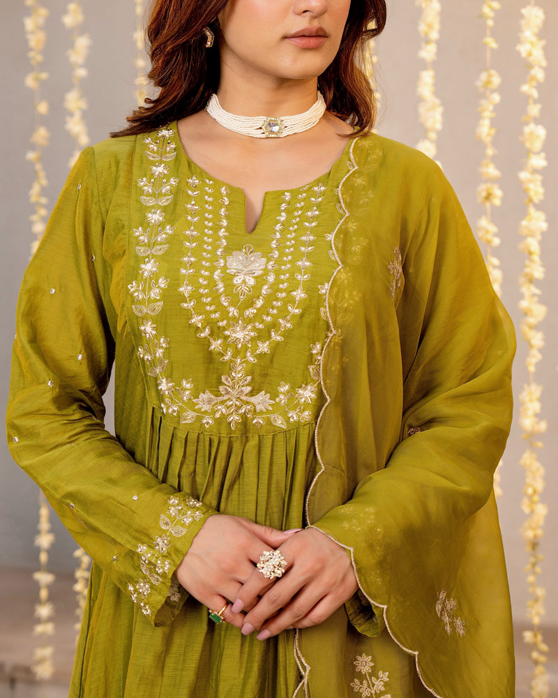 Olive Noor Mul Chanderi Pearled A Line Suit
