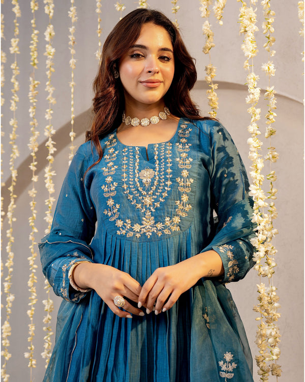 Teal Noor Mul Chanderi Pearled A Line Suit