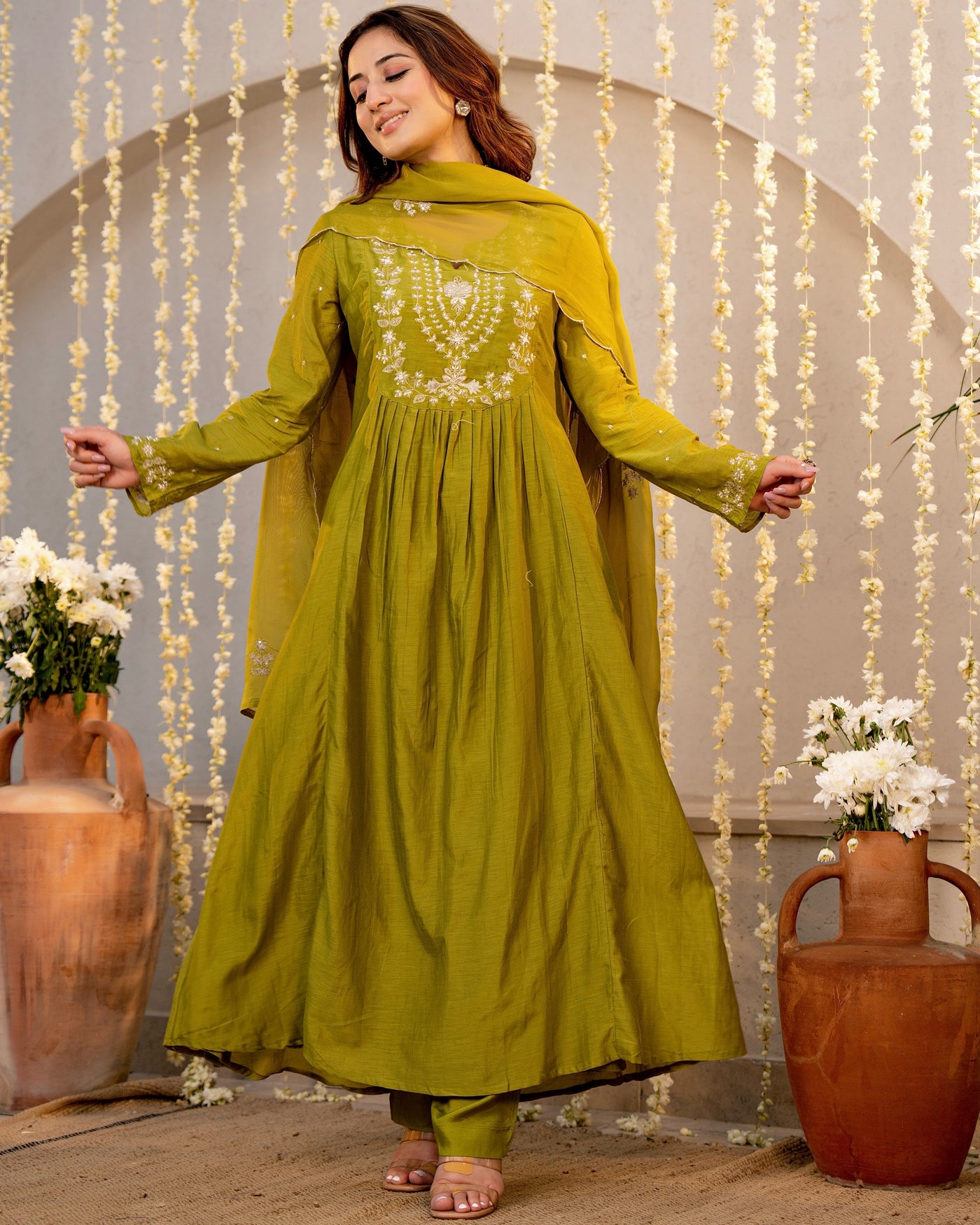 Olive Noor Mul Chanderi Pearled A Line Suit
