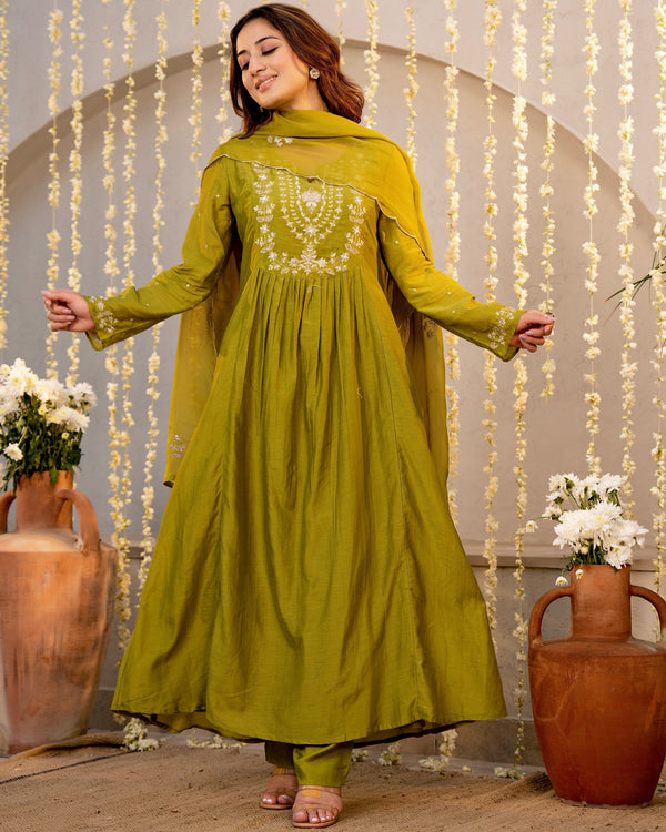 Olive Noor Mul Chanderi Pearled A Line Suit