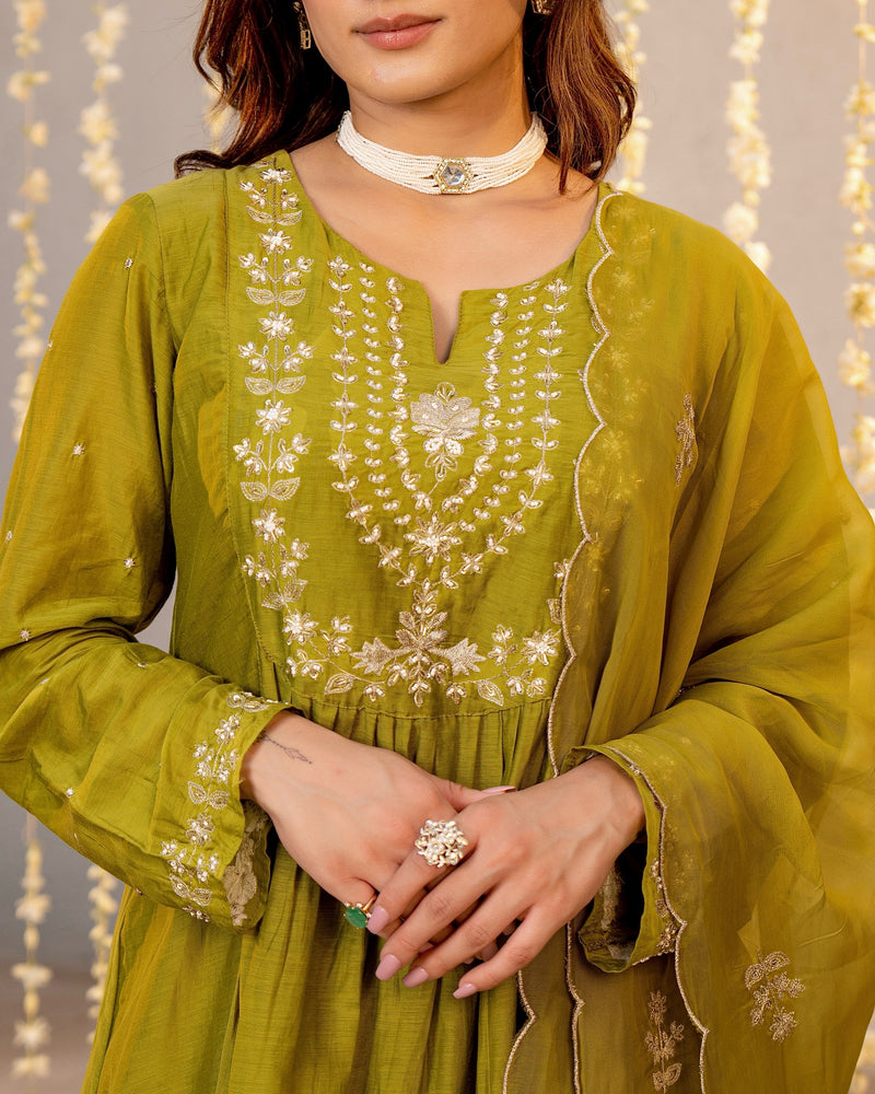 Olive Noor Mul Chanderi Pearled A Line Suit