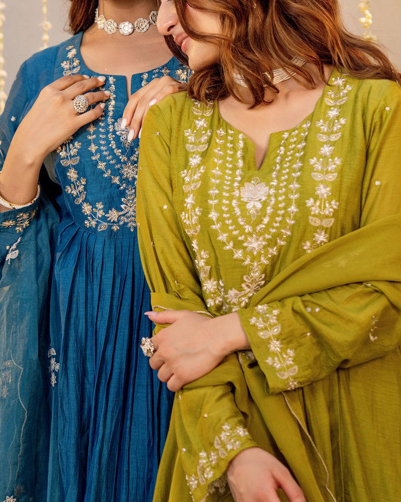 Teal Noor Mul Chanderi Pearled A Line Suit