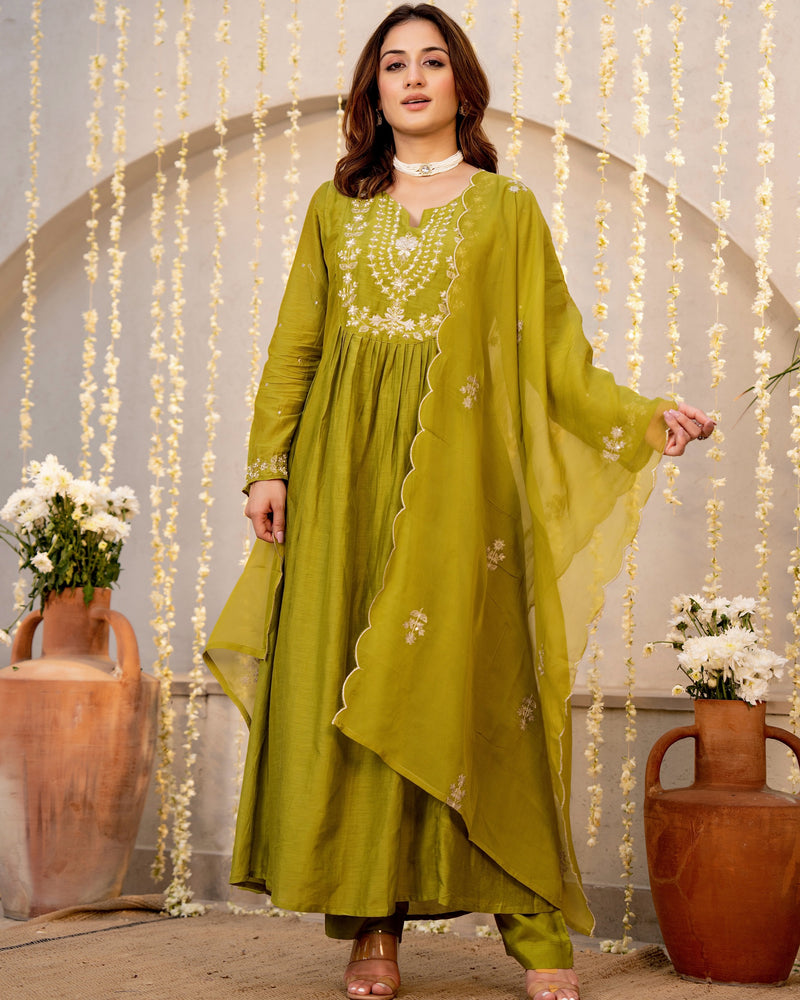 Olive Noor Mul Chanderi Pearled A Line Suit