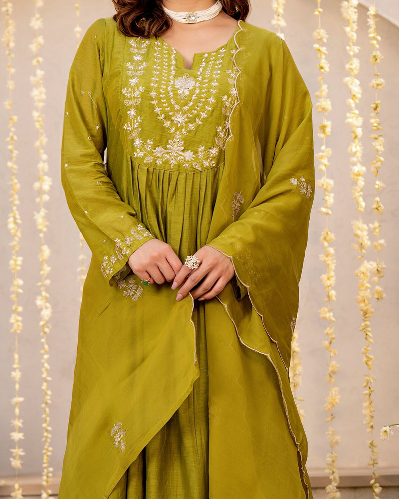 Olive Noor Mul Chanderi Pearled A Line Suit