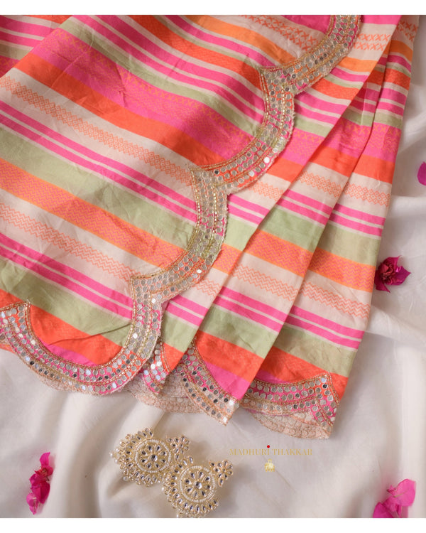 Multi Color Striped Muslin Saree With Scallop Mirror Work