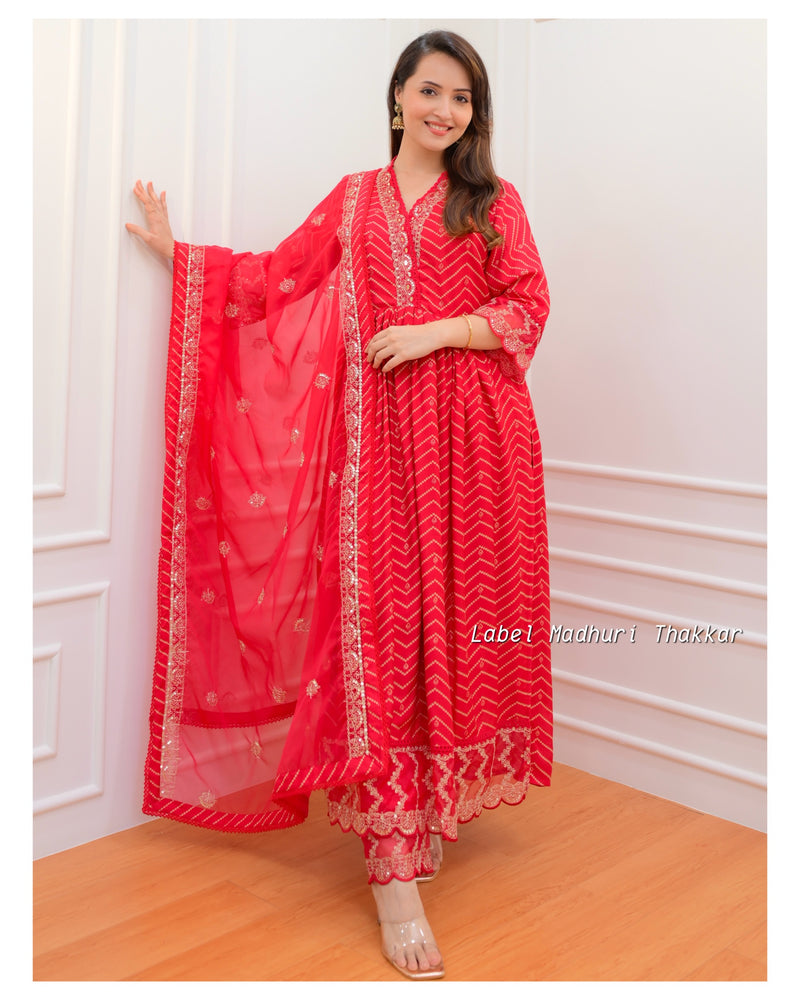Rani Pink Leheriya Muslin Embroidered Suit