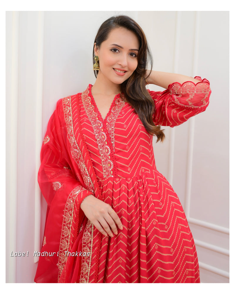 Rani Pink Leheriya Muslin Embroidered Suit