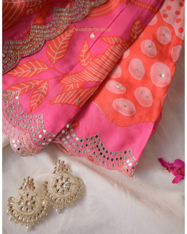 Pink Botanical Muslin Saree With Scallop Mirror Work