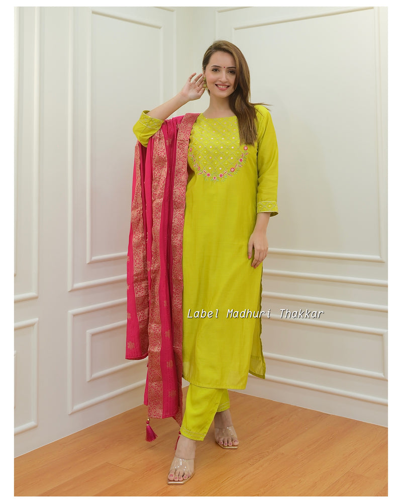 Greenish Yellow Embroidered Silk Suit