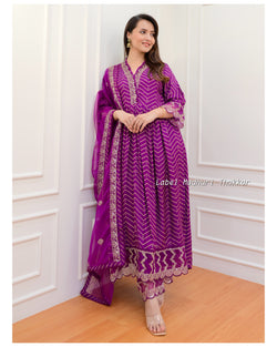 Purple Leheriya Muslin Embroidered Suit