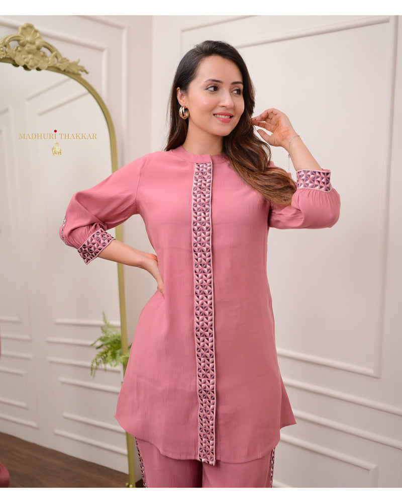 Mauve Cotton Silk Threadwork Co-ord