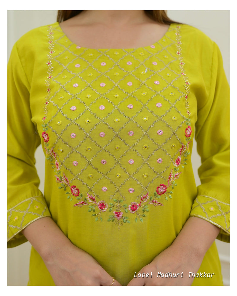 Greenish Yellow Embroidered Silk Suit