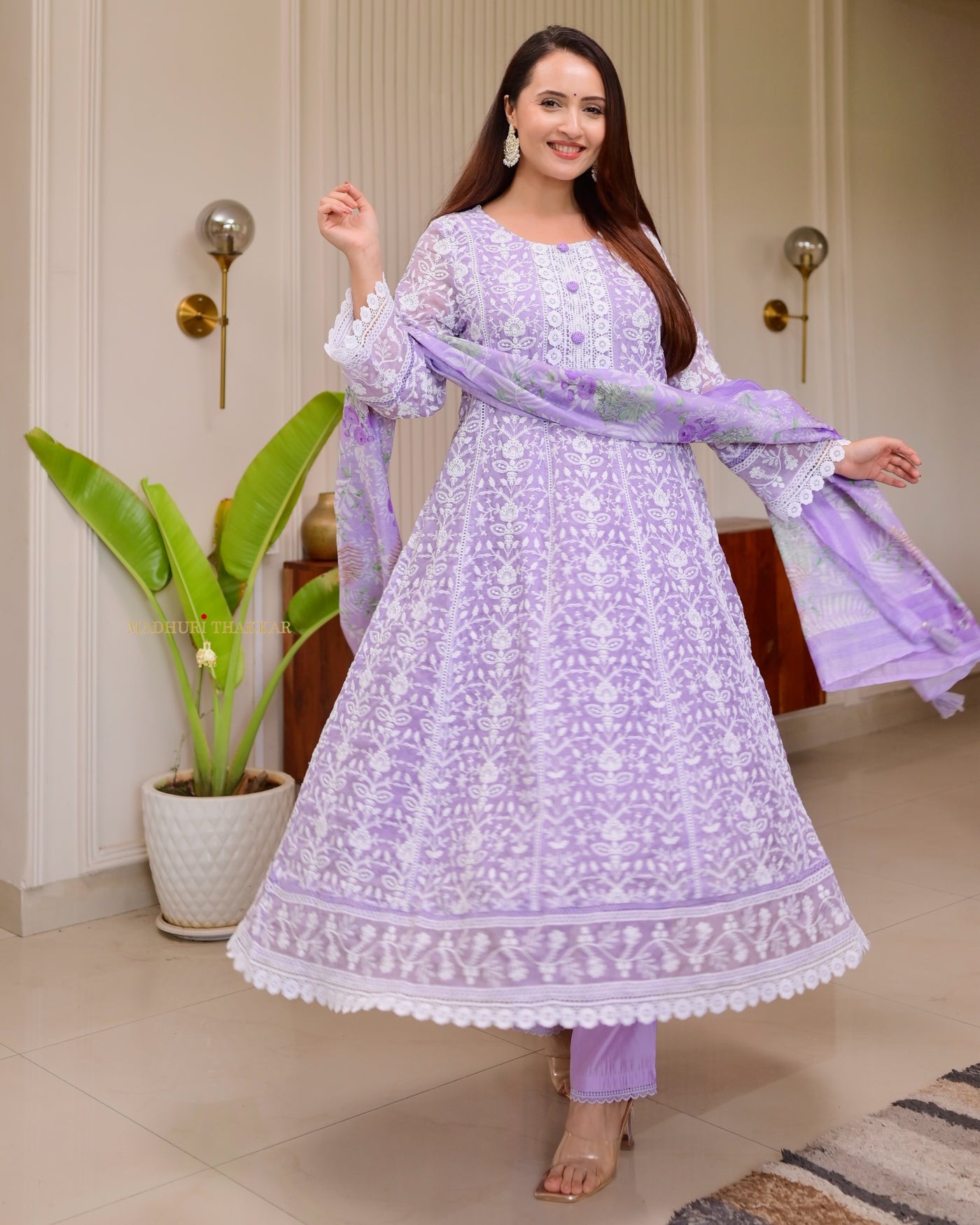 knee length dresses for ladies White Muslin Masakkali Tier Gown Lucknowi Chikankari Flare Kurti XS main image 1