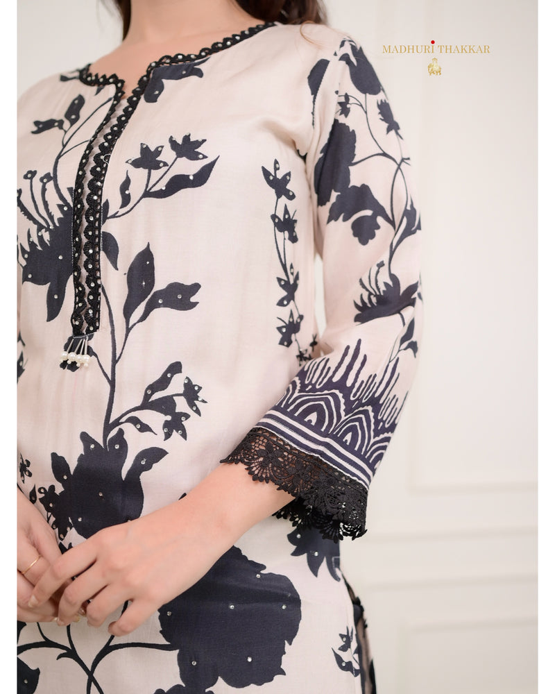 Ivory - Black Floral Muslin Suit Set