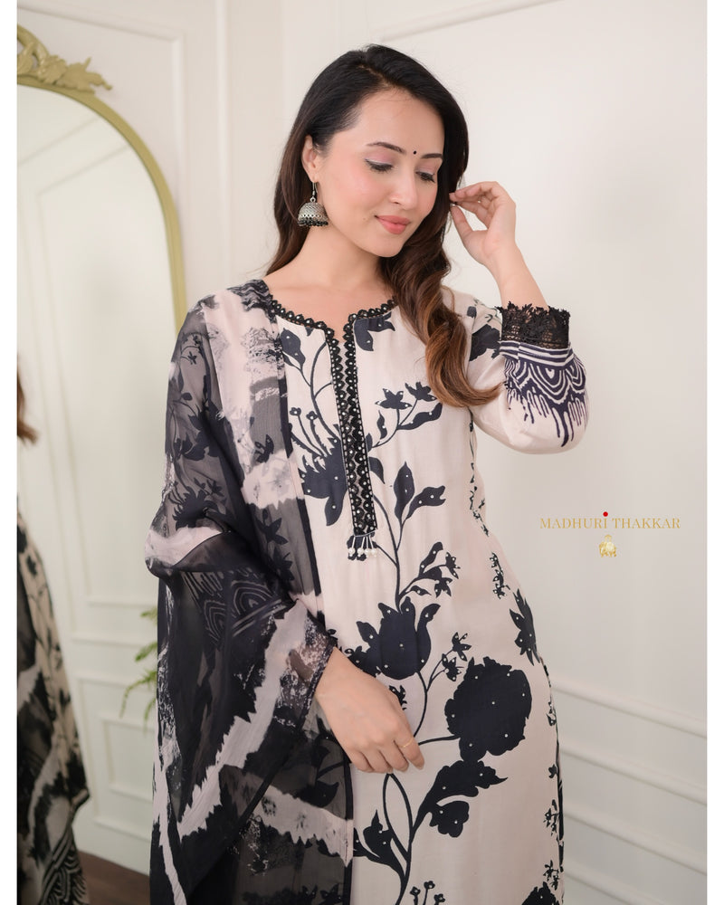 Ivory - Black Floral Muslin Suit Set
