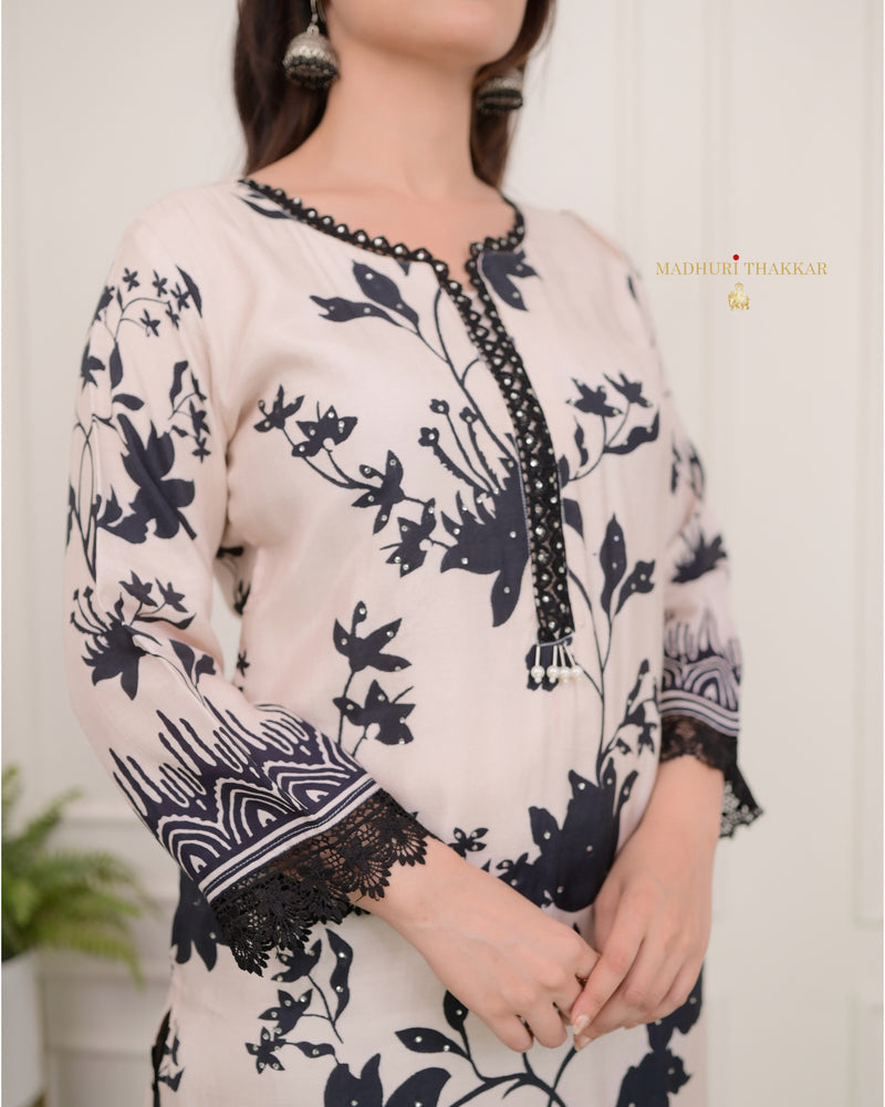 Ivory - Black Floral Muslin Suit Set