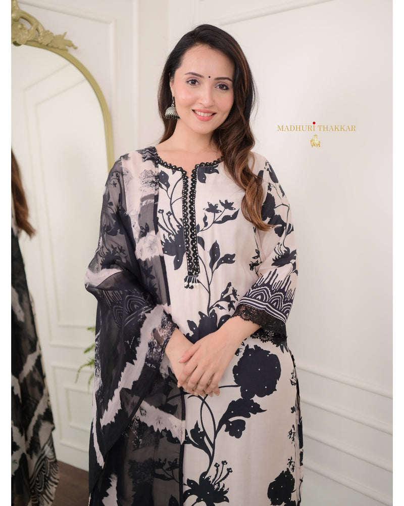 Ivory - Black Floral Muslin Suit Set