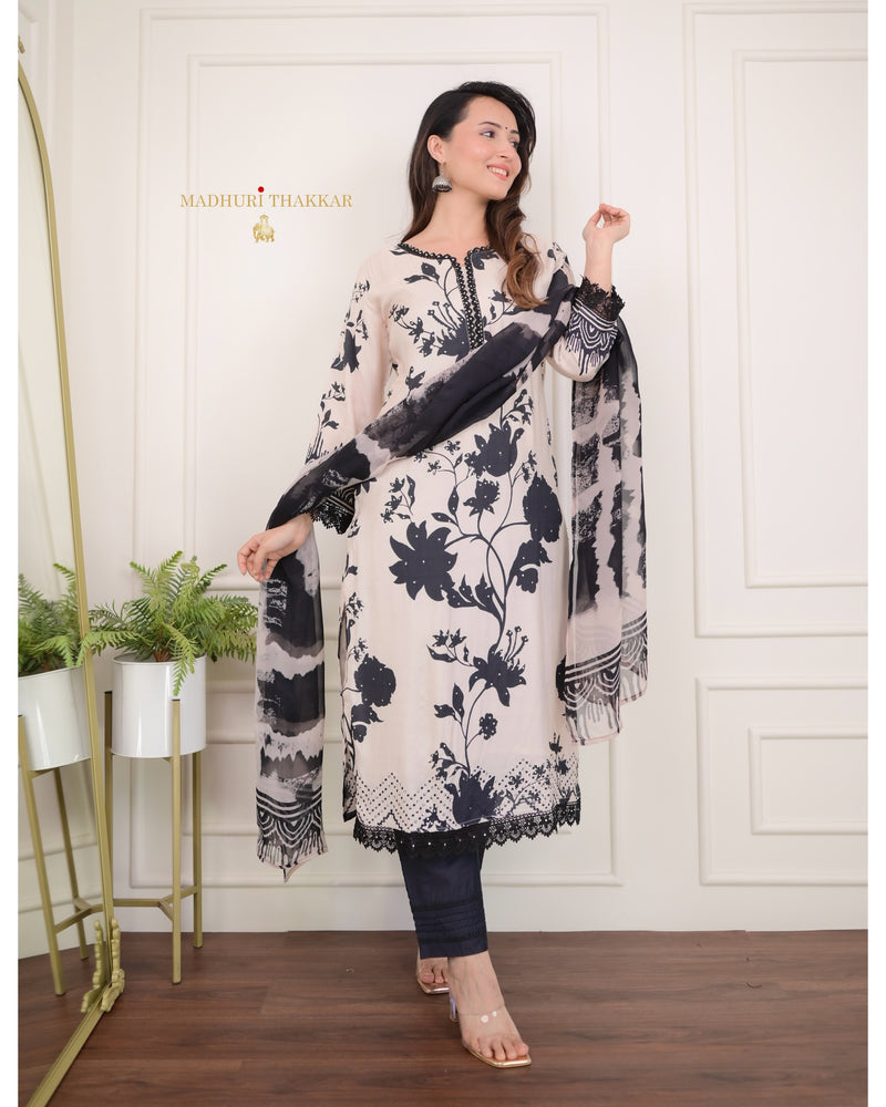 Ivory - Black Floral Muslin Suit Set