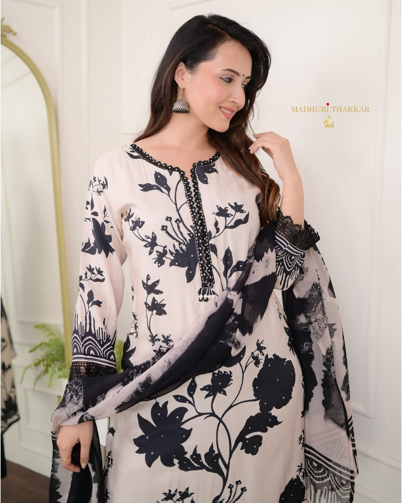 Ivory - Black Floral Muslin Suit Set