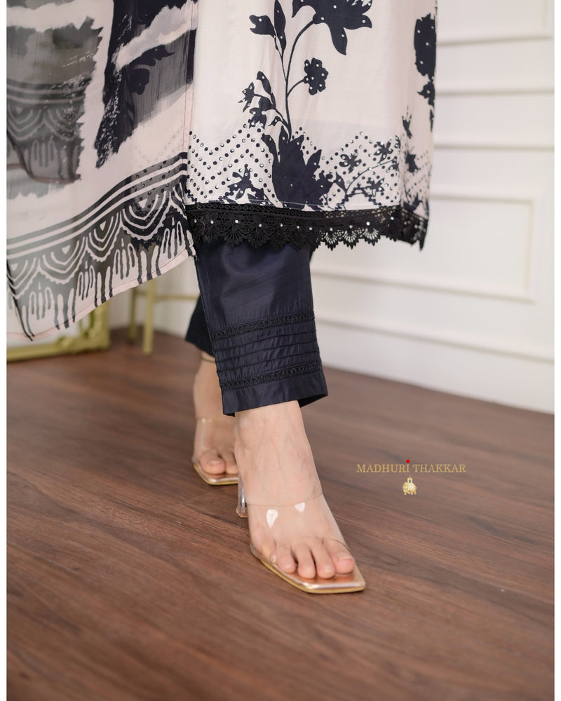 Ivory - Black Floral Muslin Suit Set