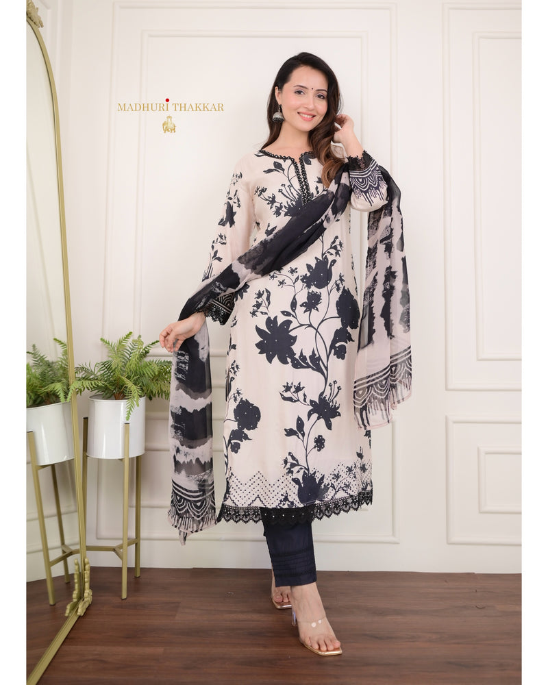 Ivory - Black Floral Muslin Suit Set